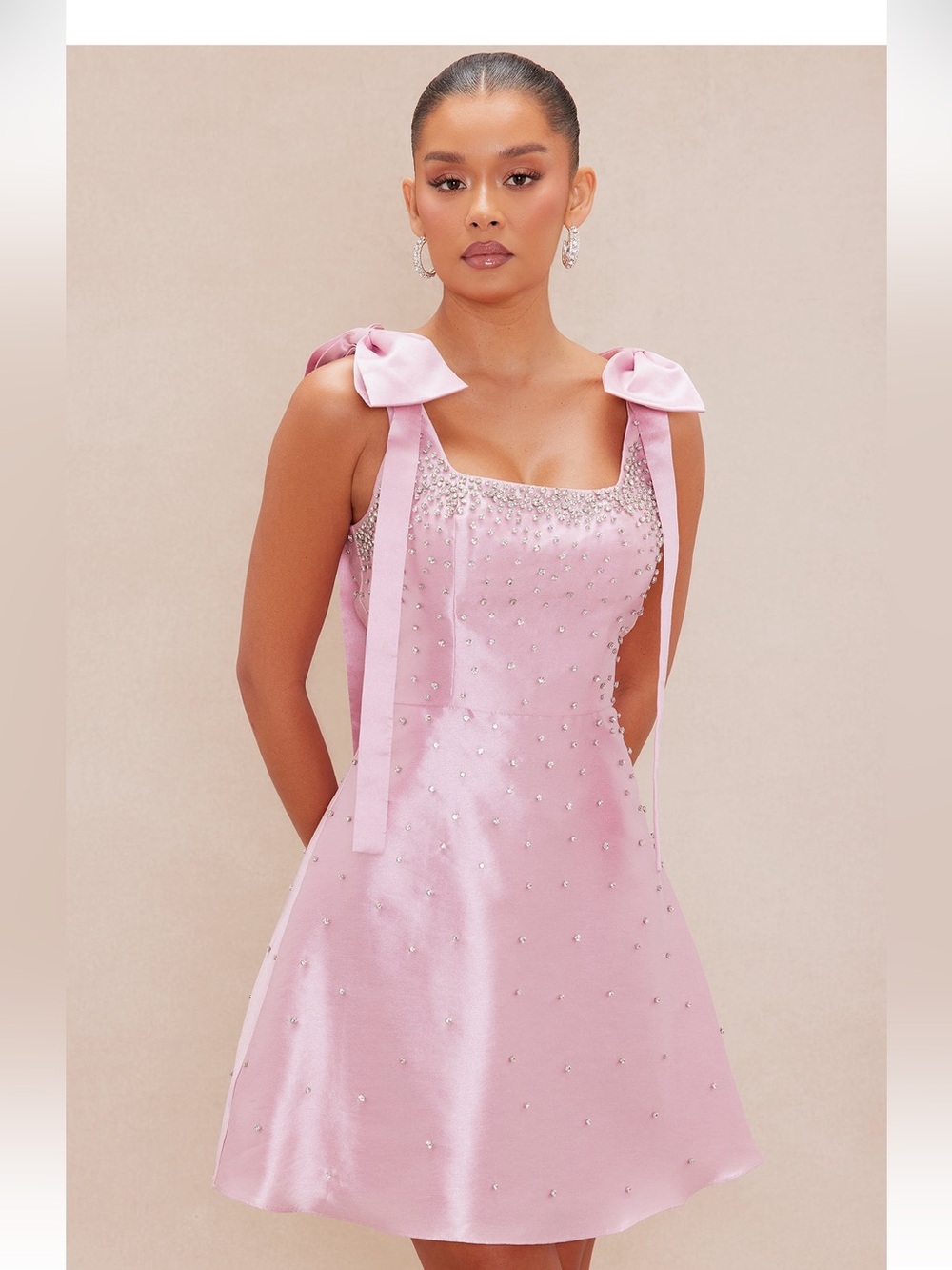 Fashion Nova Pink Satin Beaded Bow Strap Mini Dress